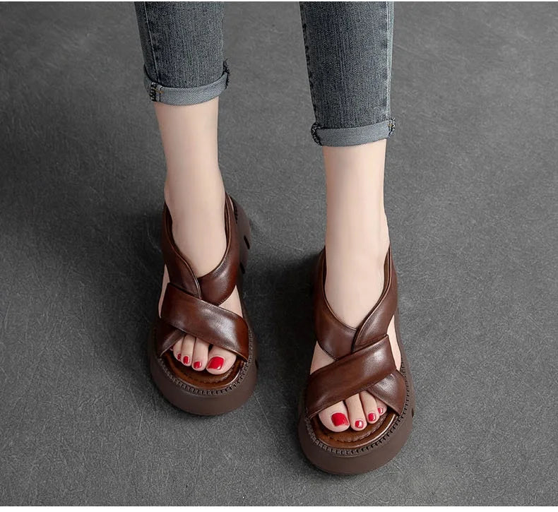 Retro Leather Platform Sandals Comfortable