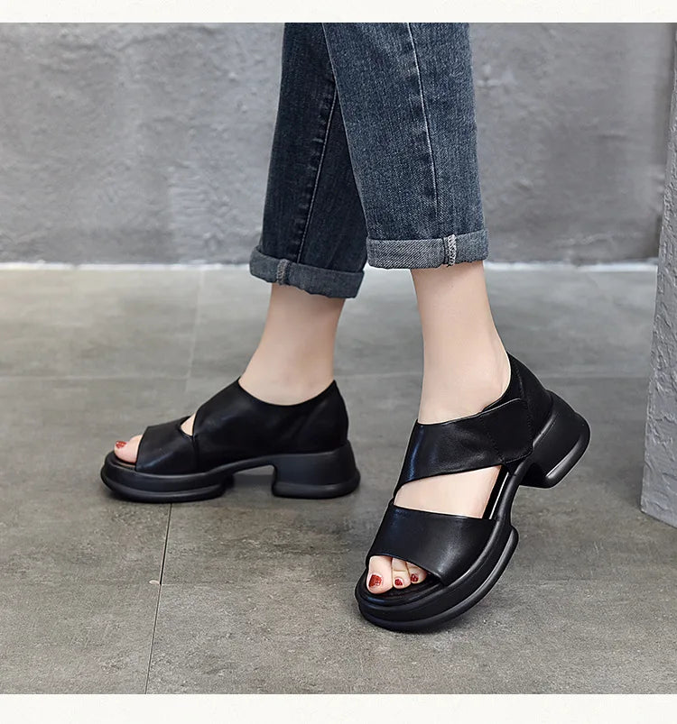 Chunky Heel Leather Platform Sandals