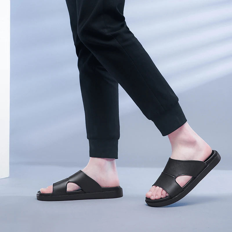 Men's Black Leather Summer Slides