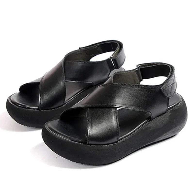 Retro Leather Wedge Slingback Sandals