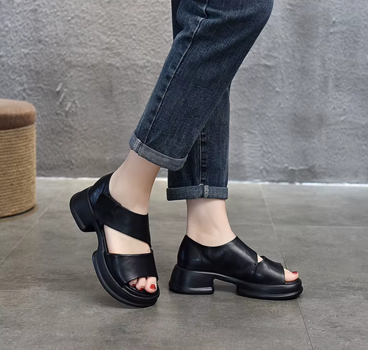 Chunky Heel Leather Platform Sandals