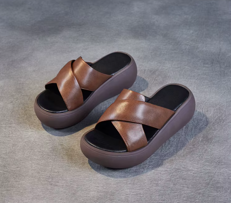 Chunky Leather Wedge Slide Sandals