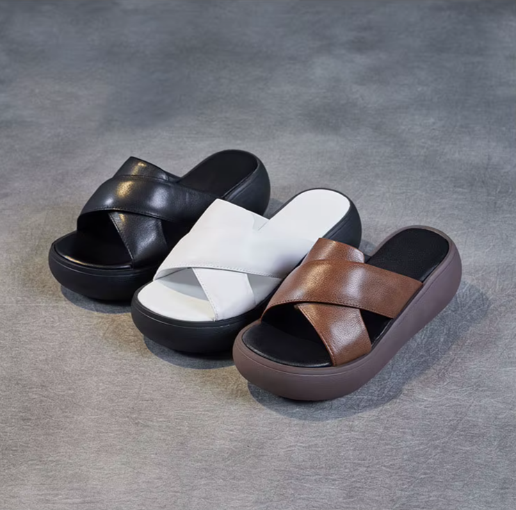 Chunky Leather Wedge Slide Sandals