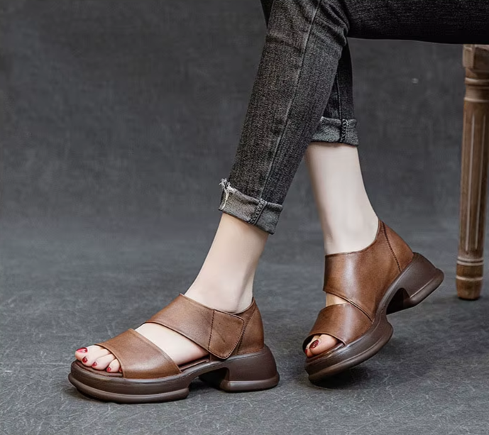 Chunky Heel Leather Platform Sandals