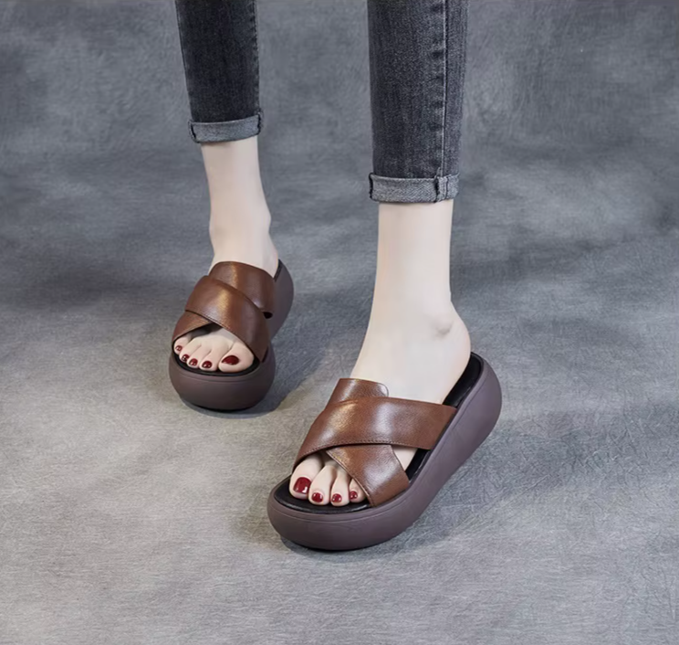 Chunky Leather Wedge Slide Sandals